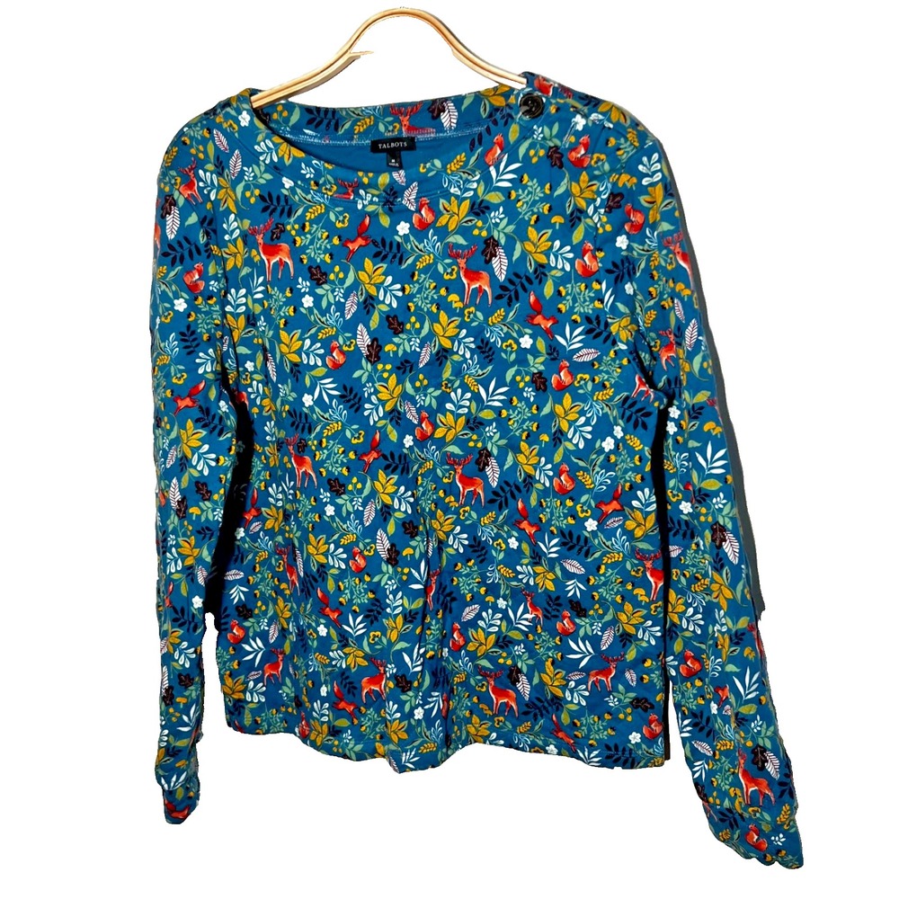 Talbots Women's Quilted Sweater in woodland ditsy print size Medium Deer Fall